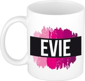 Evie  naam cadeau mok / beker met roze verfstrepen - Cadeau collega/ moederdag/ verjaardag of als persoonlijke mok werknemers