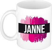 Janne  naam cadeau mok / beker met roze verfstrepen - Cadeau collega/ moederdag/ verjaardag of als persoonlijke mok werknemers