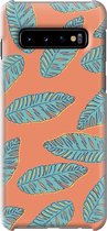 Samsung Galaxy S10 Telefoonhoesje - Premium Hardcase Hoesje - Dun en stevig plastic - Met Plantenprint - Tropische Blaadjes - Oranje