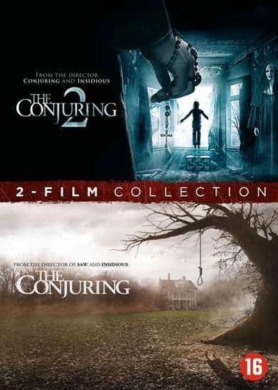 The Conjuring 1 & 2 2-Film Collection DVD hoes met twee scènes: een meisje met een kruisbeeld en een bezeten vrouw en een huis met een galgenboom.