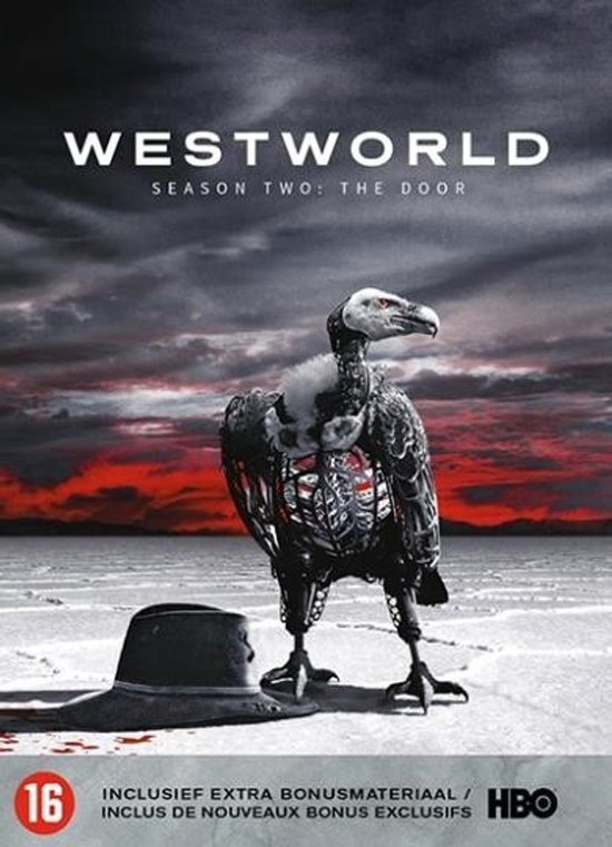 DVD-cover van Westworld seizoen 2 met een mechanische gier en een hoed.