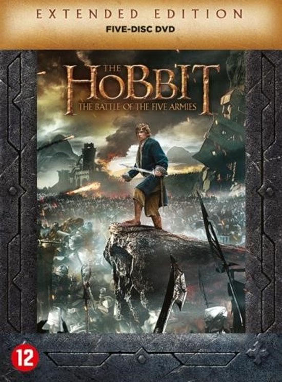 DVD hoes The Hobbit: The Battle of the Five Armies Extended Edition, met een hobbit op een rots met een zwaard.