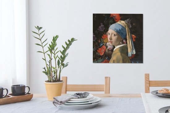 Canvas schilderij 50x50 cm - Wanddecoratie Meisje met de parel - Vermeer - Bloemen - Muurdecoratie woonkamer - Slaapkamer decoratie - Kamer accessoires - Schilderijen op canvas
