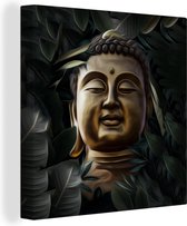 Toile Peinture Bouddha - Or - Feuilles - 90x90 cm - Décoration murale