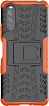 Voor Sony Xperia 10 III Band Textuur Schokbestendig TPU + PC Beschermhoes met Houder (Oranje)