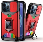 Sliding Camera Cover Design PC + TPU schokbestendig hoesje met ringhouder en kaartsleuf voor iPhone 13 Pro Max (rood)