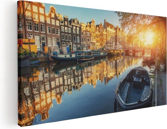 Artaza Canvas Schilderij Amsterdamse Gracht Bij Zonsondergang - 60x30 - Foto Op Canvas - Canvas Print