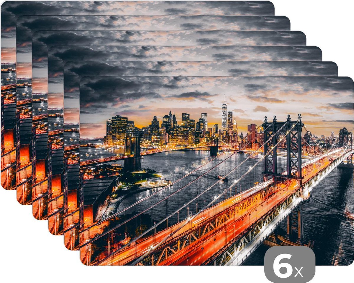 Placemat - Placemats kunststof - New York - Zonsondergang - Oranje - 45x30 cm - 6 stuks - Hittebestendig - Anti-Slip - Onderlegger - Afneembaar