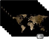 Placemat - Placemats kunststof - Wereldkaart - Goud - Zwart - Aarde - Luxe - 45x30 cm - 6 stuks - Hittebestendig - Anti-Slip - Onderlegger - Afneembaar