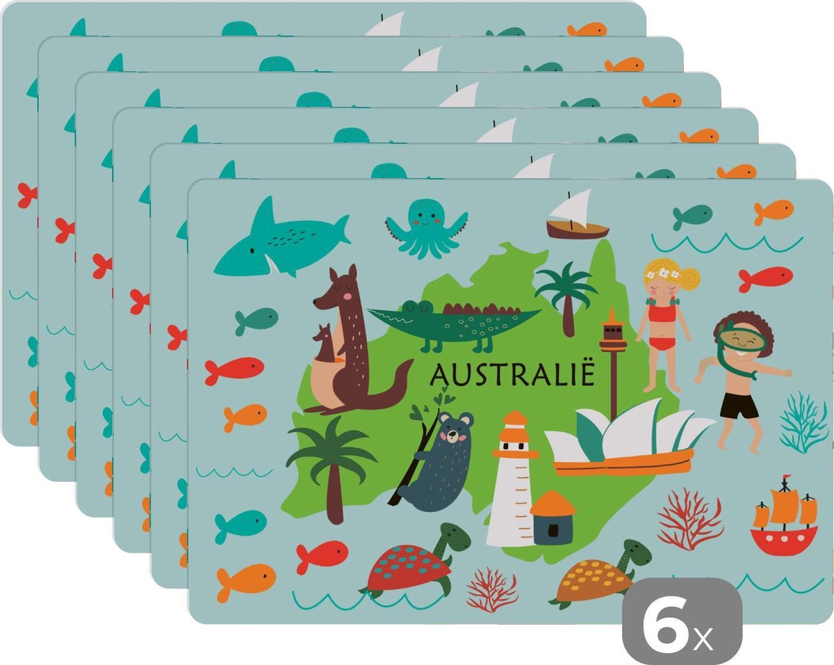 Placemats - Wereldkaart - Dieren - Australië - Kleuter - Onderlegger - 45x30 cm - 6 stuks