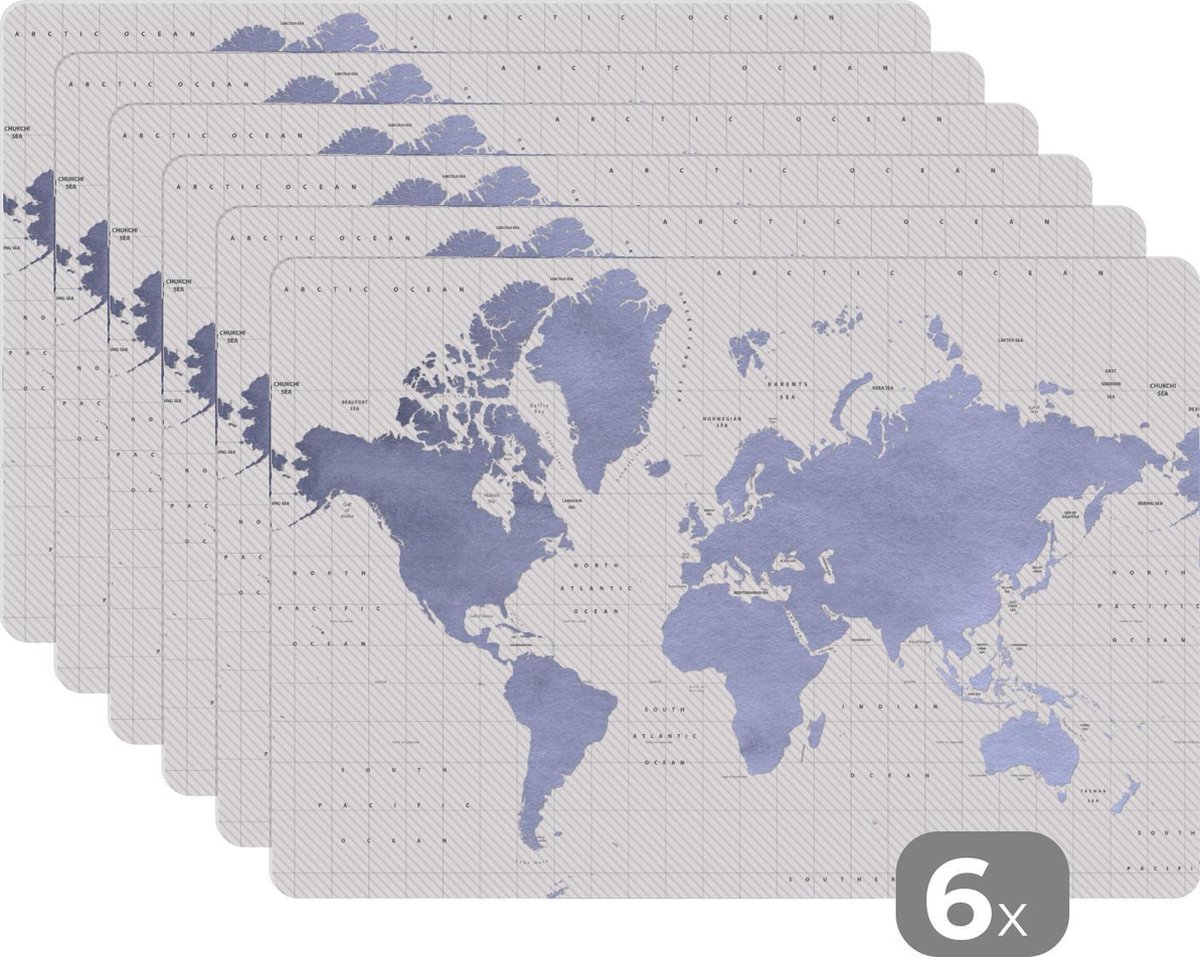 Placemat - Placemats kunststof - Wereldkaart - Blauw - Zee - 45x30 cm - 6 stuks - Hittebestendig - Anti-Slip - Onderlegger - Afneembaar