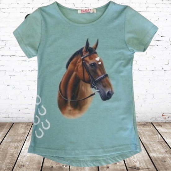 Paarden shirt mint -s&C-98/104-t-shirts meisjes