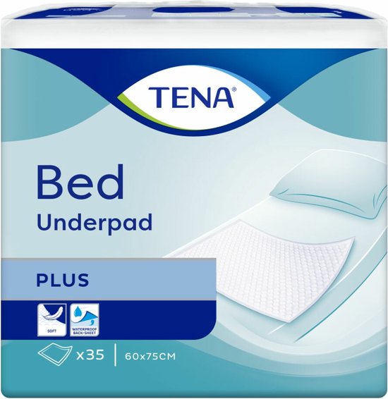 TENA Bed Underpad PLUS verpakking: 35 stuks, 60x75cm, met zachte en waterdichte eigenschappen.