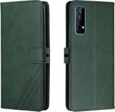 Voor Realme 7 Azië / Realme 7 Wereldwijde stikstijl 2-kleuren koetextuur Horizontale flip PU-lederen hoes met houder en kaartsleuf en lanyard (groen)