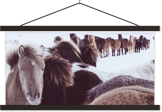 Posterhanger incl. Poster - Schoolplaat - Paarden - Sneeuw - IJslander - 60x30 cm - Zwarte latten