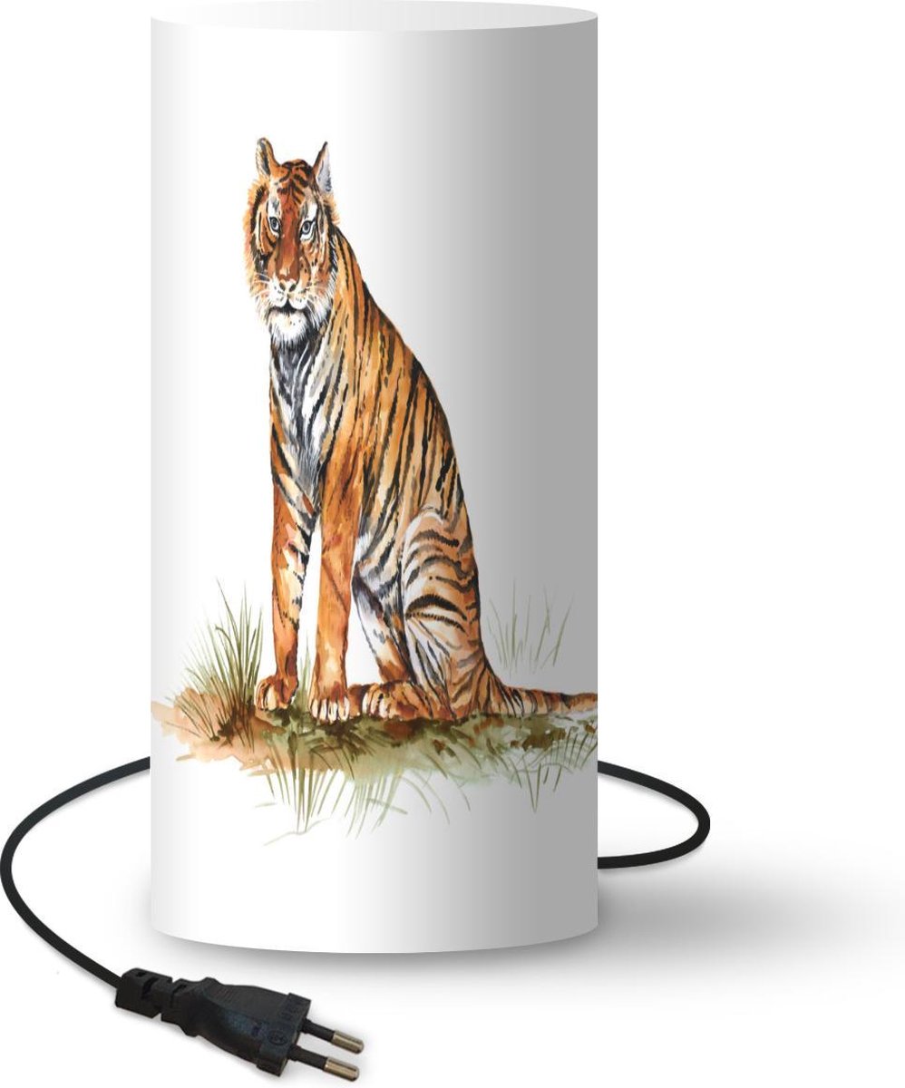 Lamp - Nachtlampje - Tafellamp slaapkamer - Tijger - Gras - Oranje - 54 cm hoog - Ø24.8 cm - Inclusief LED lamp