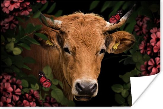 Poster Vache - Fleurs - Animaux - Marron - 120x80 cm