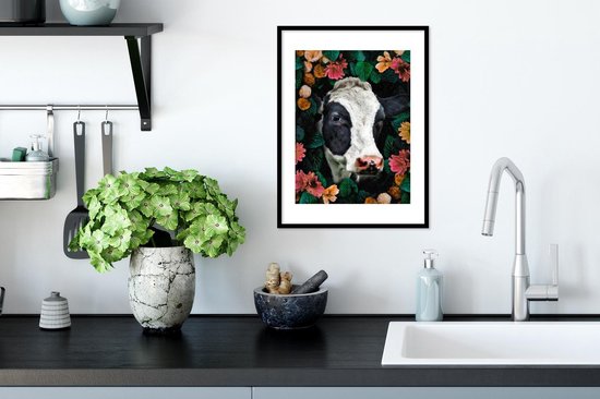 Affiche avec cadre Vache - Fleurs - Feuilles - Animaux - 30x40 cm