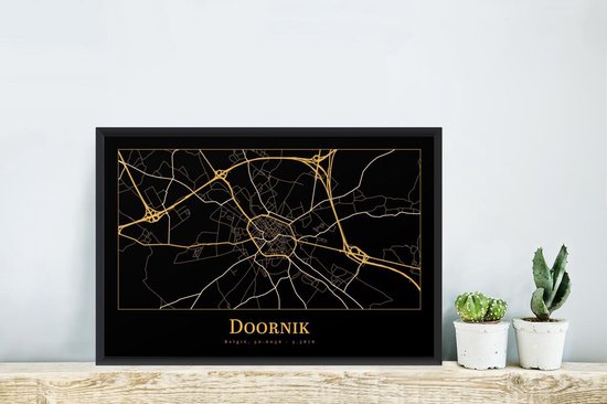 Cadre photo avec affiche - Carte - Tournai - België - Or - Zwart - 60x40 cm - Cadre pour affiche