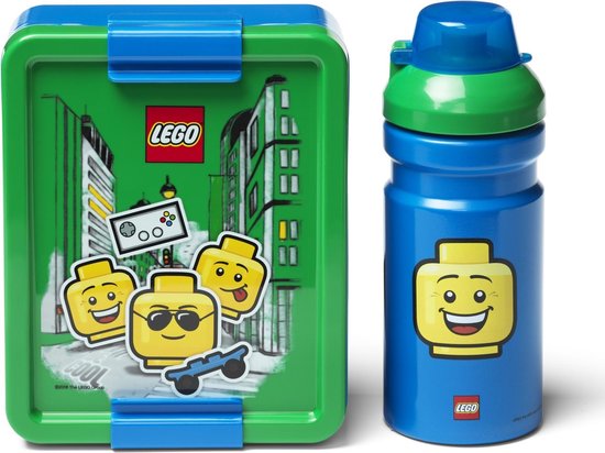 LEGO Drinking Bottle / Water Bottle and Pain Bin - Iconic Boy - Blauw/ Vert - Ensemble Déjeuner - Plastique