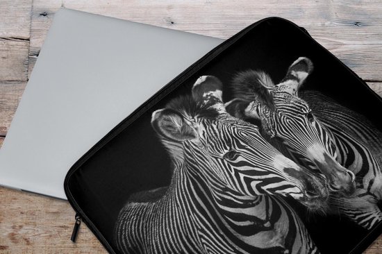 Pochette ordinateur 17 pouces 41x32 cm - Zebra sur fond noir - Pochette Macbook & Laptop zèbre avec son petit sur fond noir - Pochette ordinateur portable avec photo