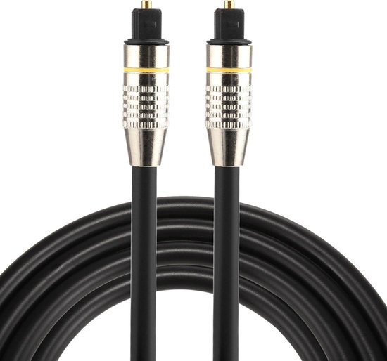 Zwarte optische audiokabel met twee Toslink-connectoren, zilverkleurige metalen behuizing met gele ring.