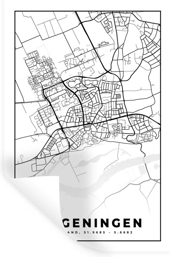 Muurstickers - Sticker Folie - Stadskaart Wageningen in zwart-wit - 80x120 cm - Plakfolie - Muurstickers Kinderkamer - Zelfklevend Behang - Plattegrond - Zelfklevend behangpapier - Stickerfolie