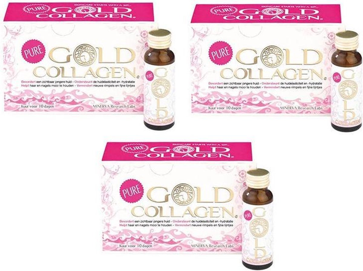Gold Collagen Pure : maandkuur voor huid, haar en nagels (3x 10x 50 ml) - vloeibaar beauty supplement met collageen - Nr 1 in UK
