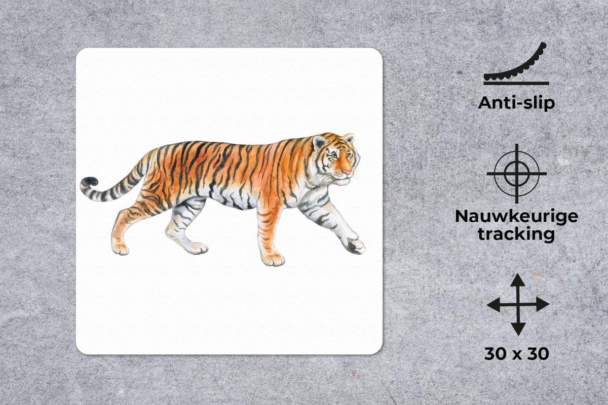 Muismat 30x30 cm - Mousepad Tijger - Oranje - Zwart - Muismatten