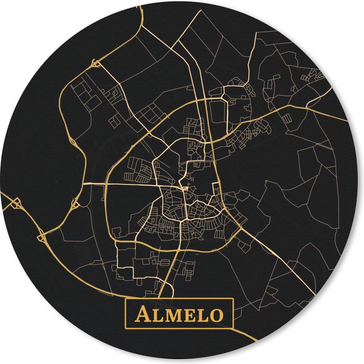 Muismat rond 20x20 cm - Mousepad Kaart - Almelo - Zwart - Goud - Ronde muismatten