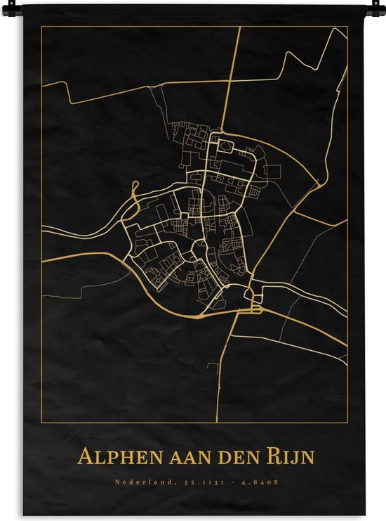 Wandkleed - Wanddoek - Kaart - Alphen aan den Rijn - Goud - Zwart - 120x180 cm - Wandtapijt