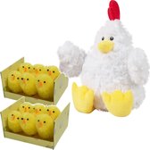 Pluche witte kippen/hanen knuffel van 23 cm met 12x stuks mini kuikentjes 4 cm - Paas/pasen decoratie