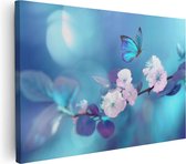 Artaza - Peinture sur toile - Papillon bleu avec une Bloem rose - 120 x 80 - Groot - Photo sur toile - Impression sur toile