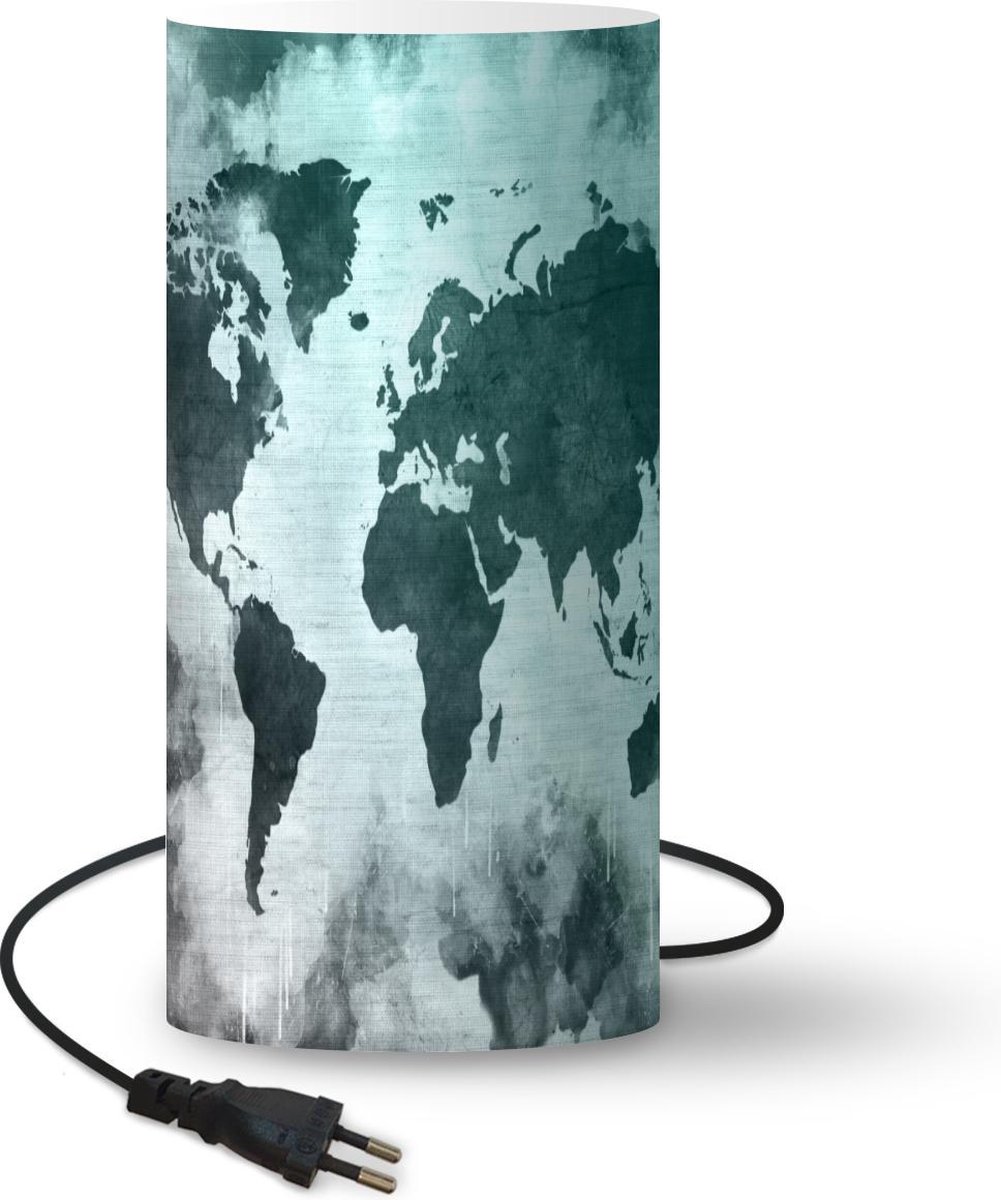 Lamp - Nachtlampje - Tafellamp slaapkamer - Wereldkaart - Grijs - Blauw - 33 cm hoog - Ø15.9 cm - Inclusief LED lamp