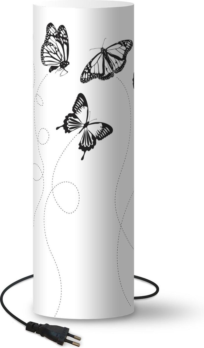 Lamp - Nachtlampje - Tafellamp slaapkamer - Een zwart-wit illustratie van vlinders - 50 cm hoog - Ø15.9 cm - Inclusief LED lamp