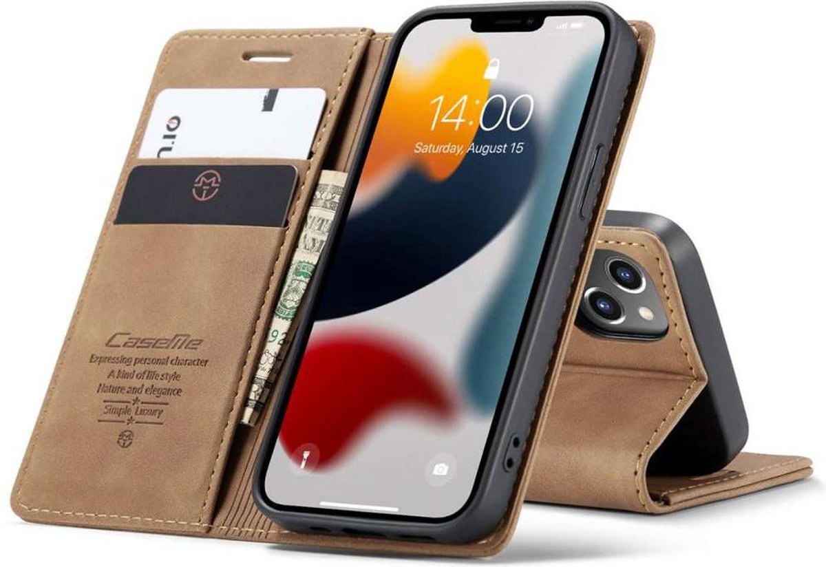 Caseme Slim Retro Wallet kunstleer hoes voor iPhone 13 - bruin