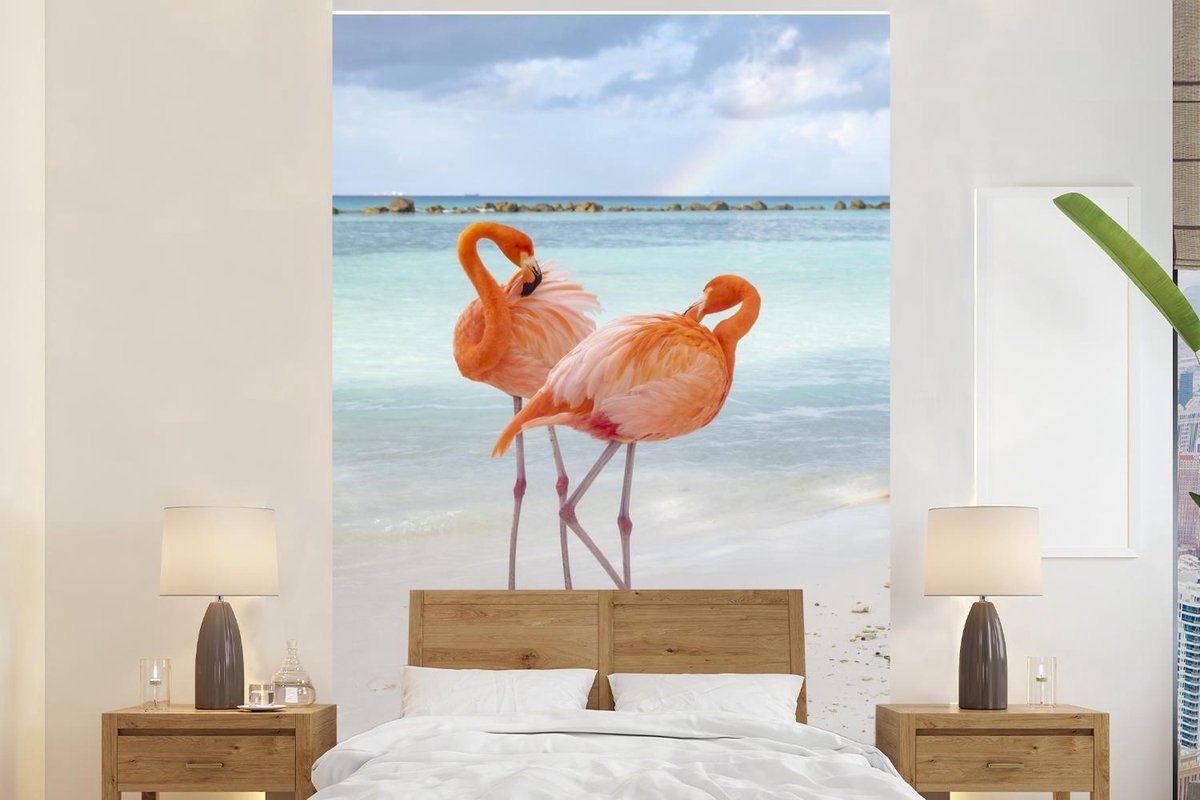 Behang - Fotobehang Flamingo - Zee - Zomer - Breedte 180 cm x hoogte 280 cm