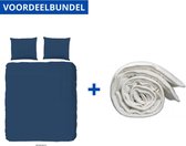 Luxe Dekbedovertrek Eenpersoons 140x200/220cm - Inclusief 1 Kussensloop - Strijkvrij - 100% Versterkt Katoen - Denim Blauw + Wasbaar Microfiber Dekbed - 140x200cm - Wit