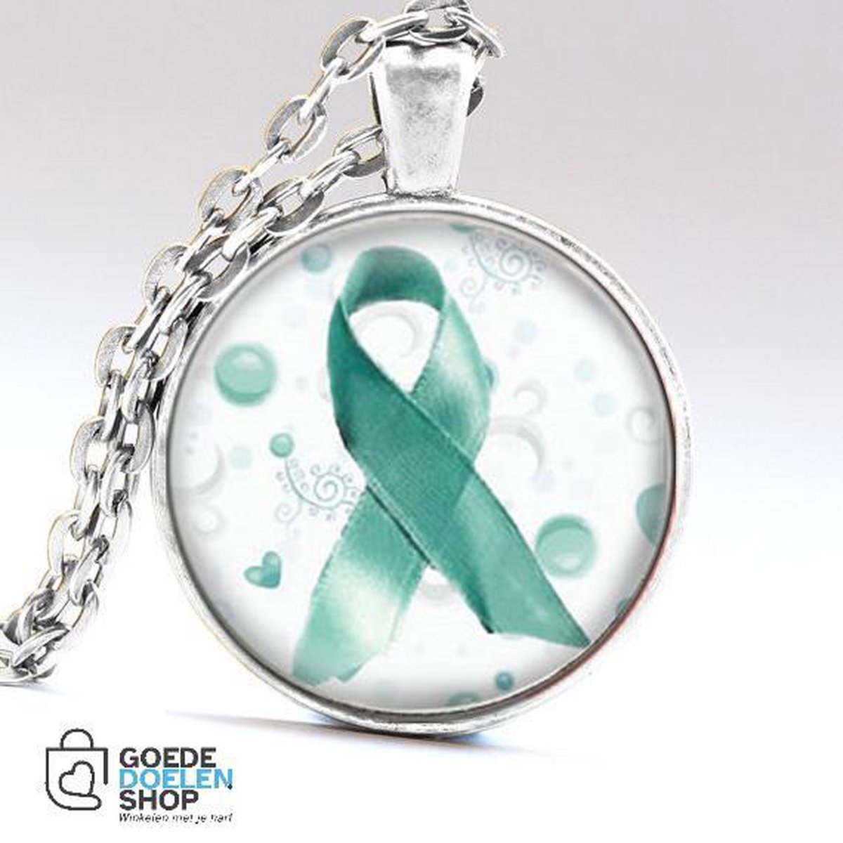 GoedeDoelen.Shop | Cabochon Hanger Green Ribbon - Ribbon of Hope | Pink Ribbon Sieraad | Hoop | Vertrouwen | Wellness-House