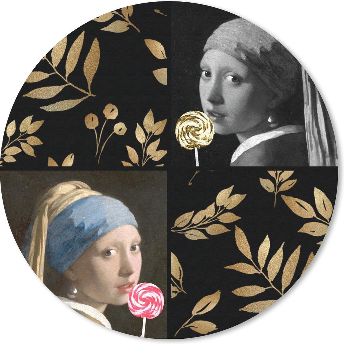 Muismat rond 40x40 cm - Mousepad Meisje met de parel - Goud - Collage - Ronde muismatten