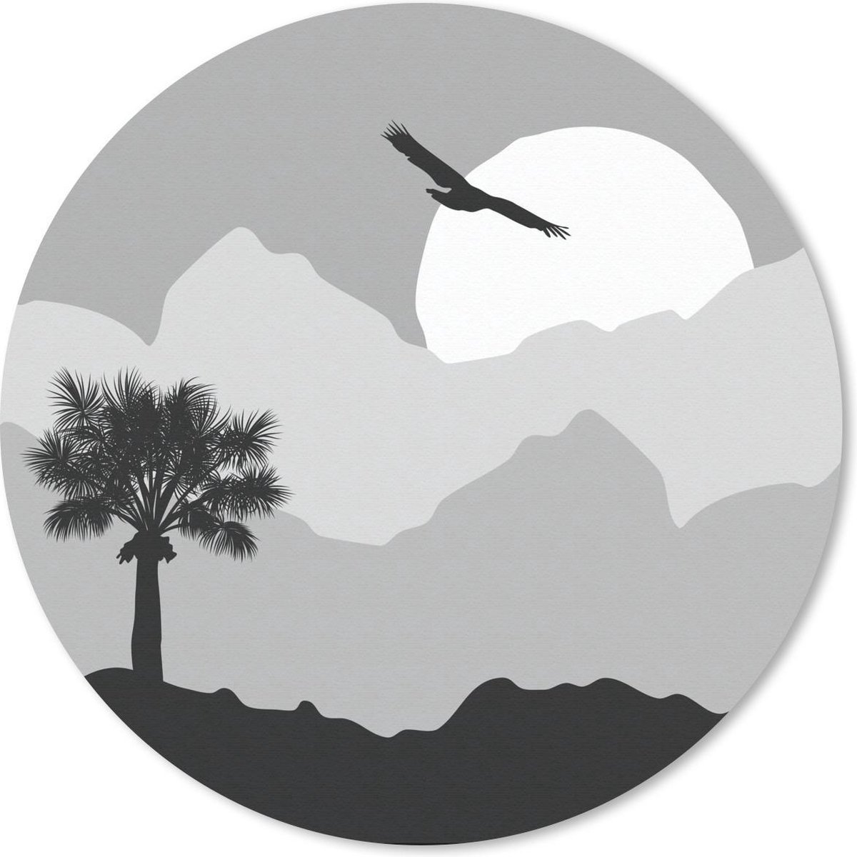 Muismat rond 50x50 cm - Mousepad Zon - Palm - Vogel - Zwart - Wit - Ronde muismatten