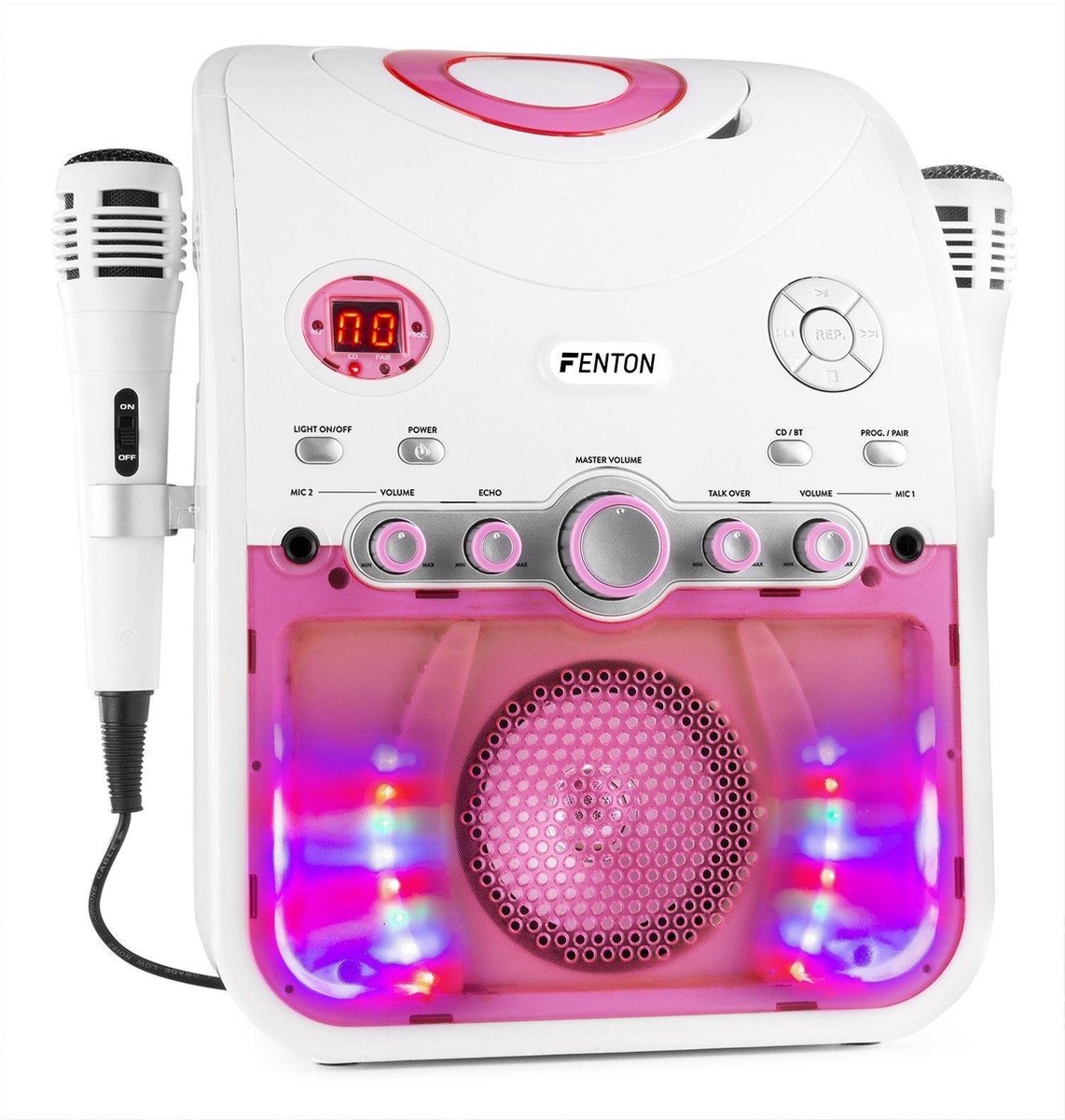 Afbeelding van product Karaoke set met microfoons en ingebouwde speaker - Fenton SBS20W - Bluetooth - CD G - Aansluiting voor TV - Lichteffecten - Echo - Wit/roze