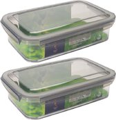 2x Voorraad/vershoudbakjes 1,2 liter transparant/grijs plastic 24 x 15 cm - Tudela - Voedsel bewaar bakjes - Diepvriesbakjes