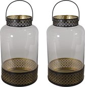 2x Lantaarns/windlichten zwart/goud Marokkaanse stijl 20 x 37 cm metaal en glas - Gebruik tuin/woonkamer - Thema Oosters/Arabisch