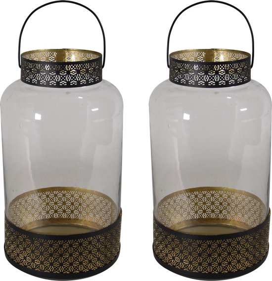 2x Lantaarns/windlichten zwart/goud Marokkaanse stijl 20 x 37 cm metaal en  glas -... | bol.com