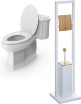 Decopatent ® 2in1 Porte-rouleau de papier toilette debout & Brosse de toilette avec support - Porte-rouleau de Toilettes sur pied - Porte-rouleau de papier toilette - Bamboe métal - Wit