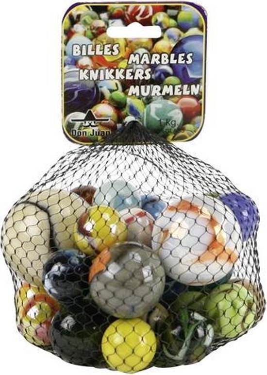 1 kilo knikker bonken in een netje - 4 verschillende formaten - knikkeren - buitenspeelgoed - Don Juan Knikkers