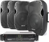 Geluidsinstallatie - Vonyx complete geluidsinstallatie met versterker, 4 speakers (12 inch) en 4 speakerkabels (10 mtr) voor horeca, kantine, buurthuis, etc. - 1500W