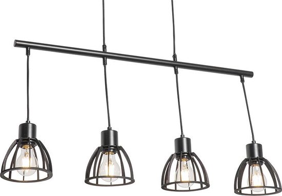 QAZQA fotu - Industriele Hanglamp eettafel - 4 lichts - L 80 cm - Zwart - Industrieel - Woonkamer | Slaapkamer | Keuken