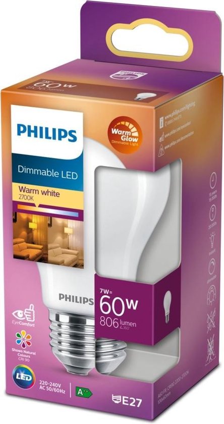 Philips LED lamp E27 Peerlamp Lichtbron - Warm wit - 7W = 60W - Ø 6 cm -  Dimbaar - 1 stuk | bol.com